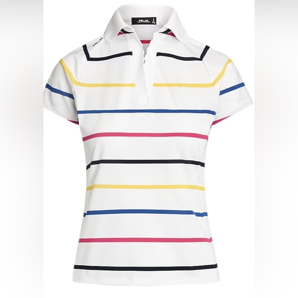 NWT RLX Ralph Lauren Women’s Tailored Fit Pique Striped Scallop Short Sleeve Top